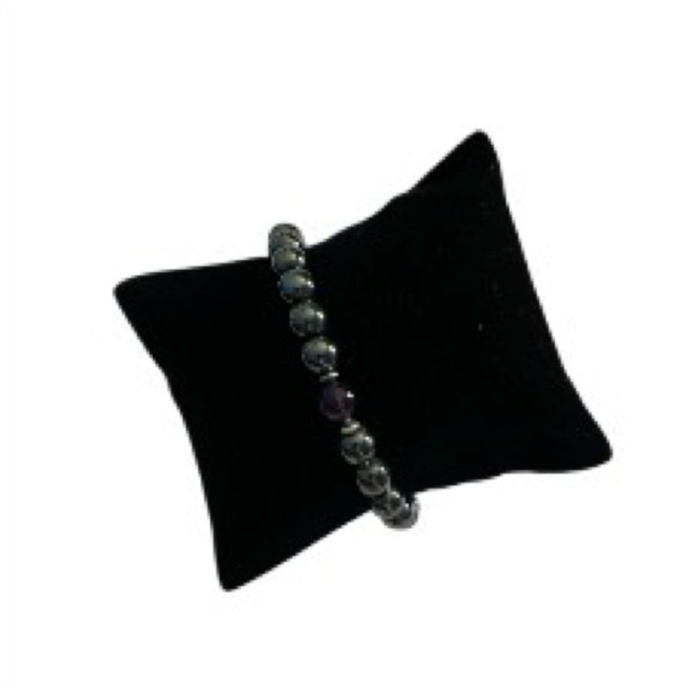 Natural Silver Hematite and Glass Purple Beaded Stretch Bracelet 8 mm